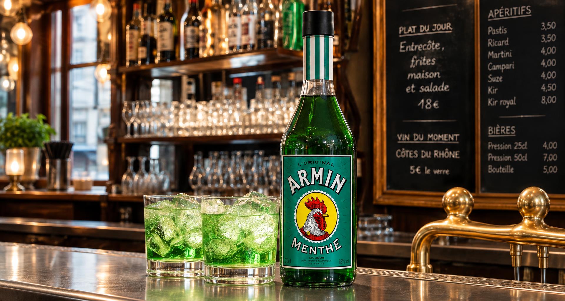 Bouteille d'Armin Menthe au comptoir d'une brasserie, verres de liqueur de menthe sur glace